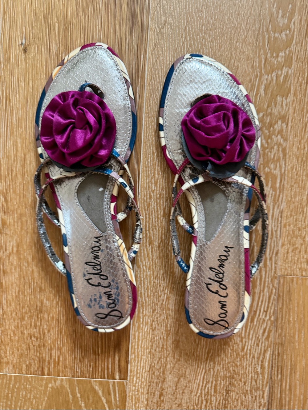 Sam Edelman Silver Slide Sandals with Fuchsia Floral Accent worn out size 6